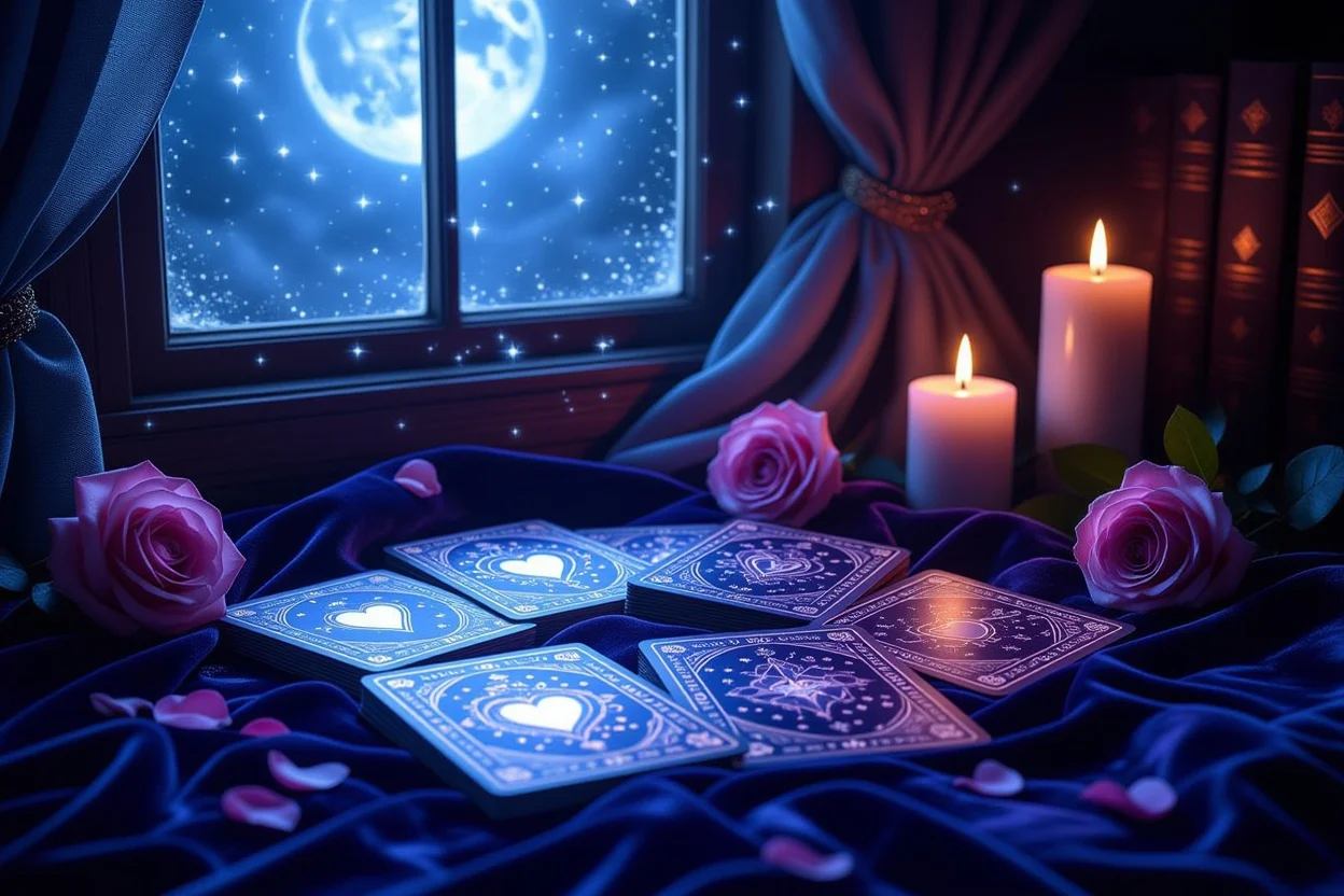 恋愛タロット占いの神秘的な雰囲気を表現した画像、月光に照らされたタロットカード