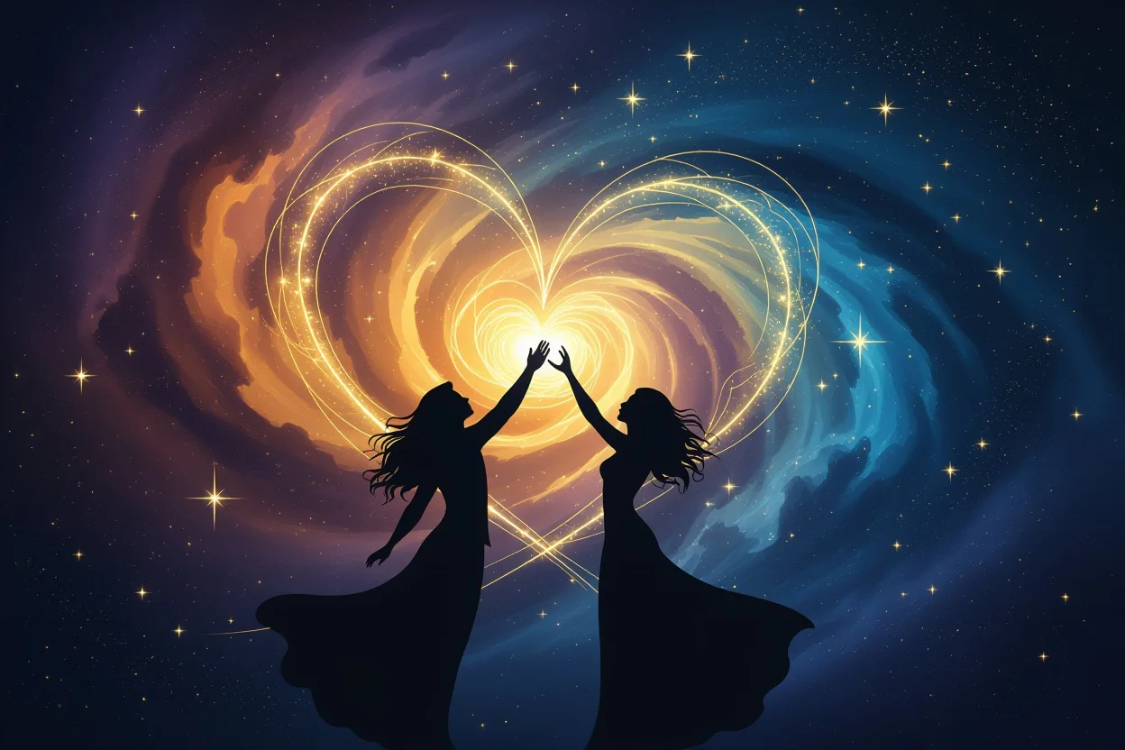 宇宙の愛と導きを表現した幻想的な画像、星座と恋人のシルエット