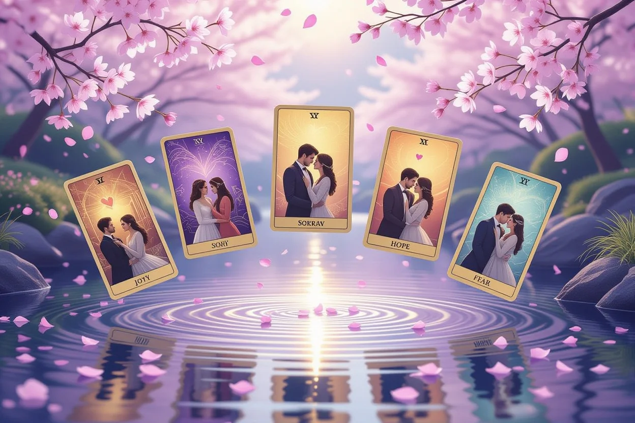 恋愛タロットカードが心の鏡となって感情を映し出す神秘的なイメージ