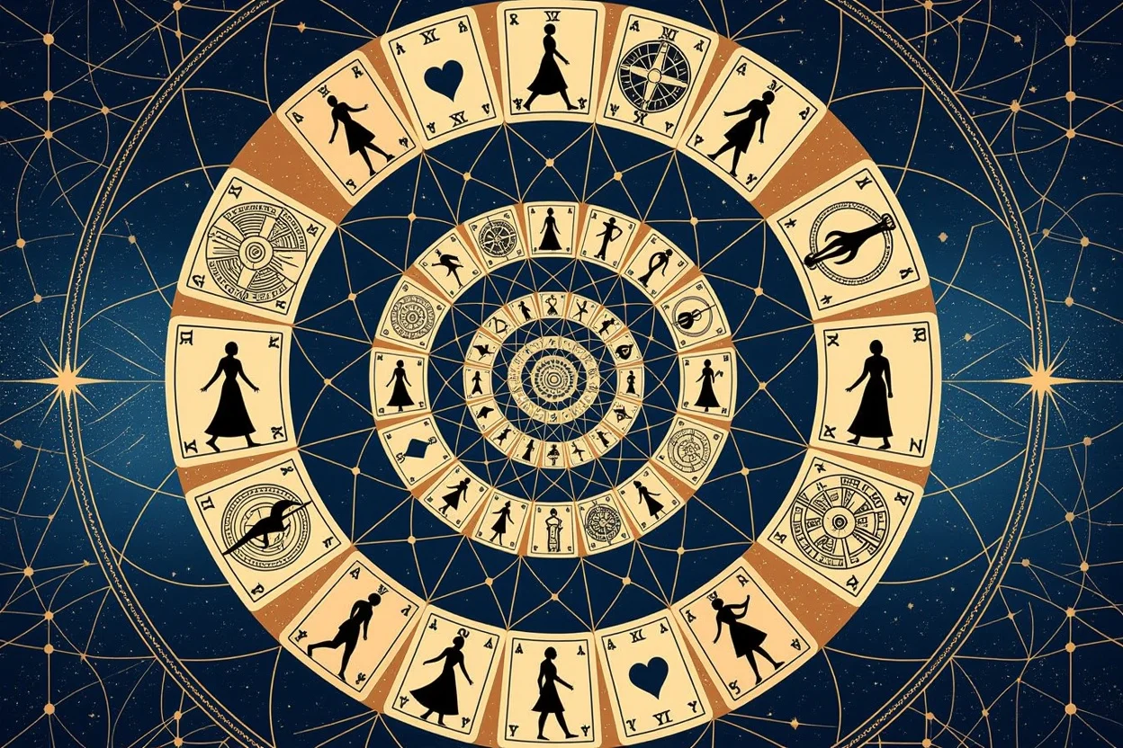 繰り返される恋愛パターンをタロットカードの螺旋で表現した心理学的イメージ