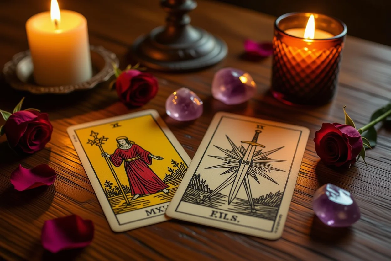 マイナーアルカナのワンドの3逆位置とソードの5を使った恋愛タロット鑑定風景