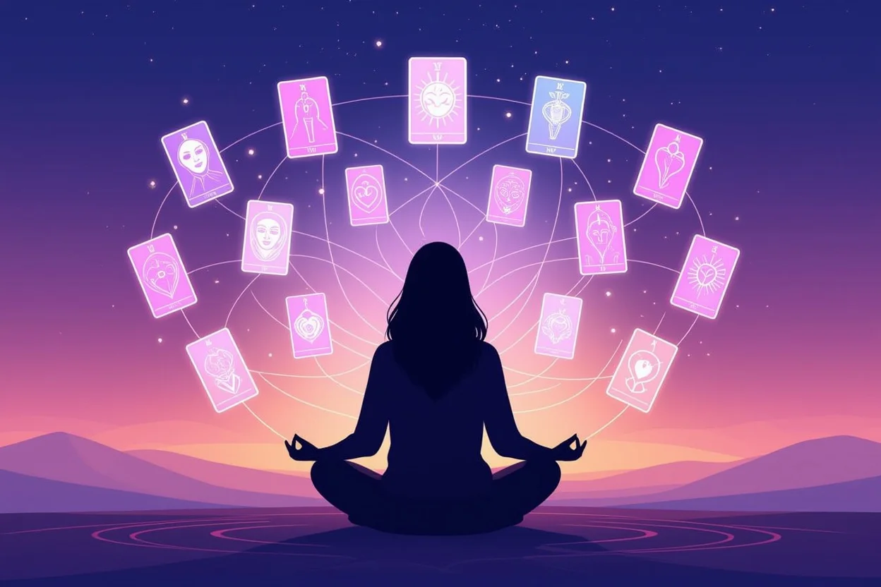タロットを通じた内なる対話と自己受容への道を表現した瞑想的なイメージ