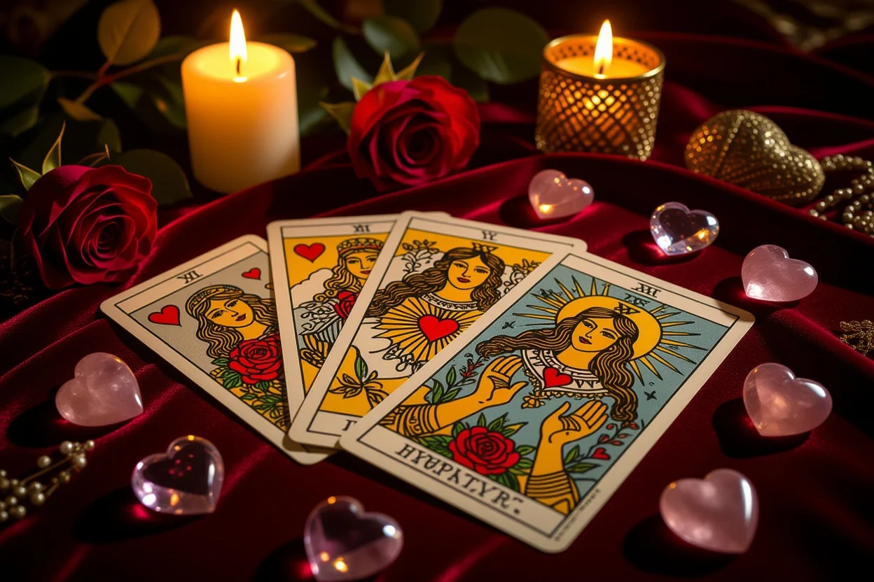 恋愛タロットカード占いの神秘的なシーン、ハートとバラの図柄