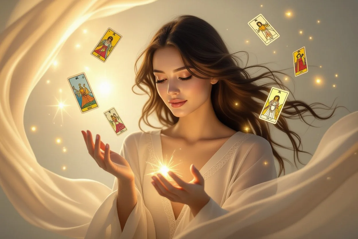 隠された魅力を発見する人のシルエット、タロットカードと光のオーラ