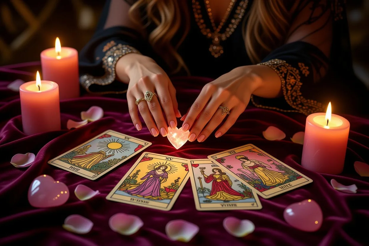 恋愛タロット占いのロマンチックな雰囲気のタロットカードリーディング風景