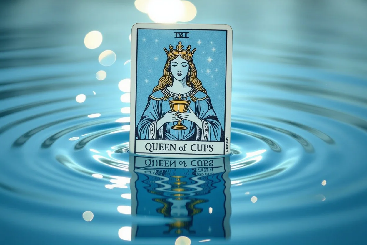 カップのクイーンタロットカードが水面に映る神秘的な鏡のイメージ