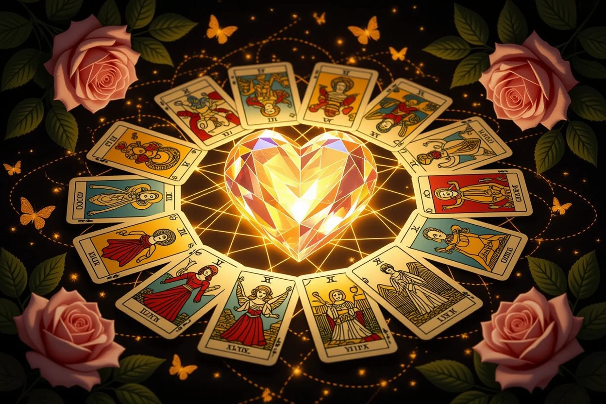 愛の本質を表すハート型クリスタルとタロットカードの神秘的な配置