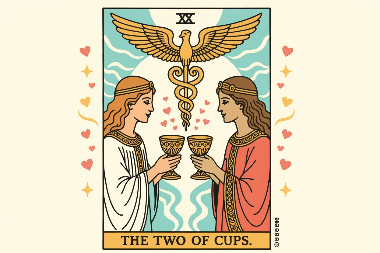 カップの2のタロットカード、恋愛における調和と相互理解を表す象徴的なイメージ