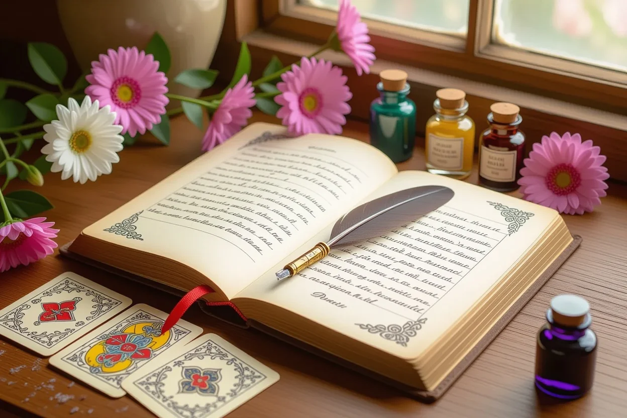 恋愛関係改善のための具体的アクションプランを表現した、ジャーナルとタロットカードの画像