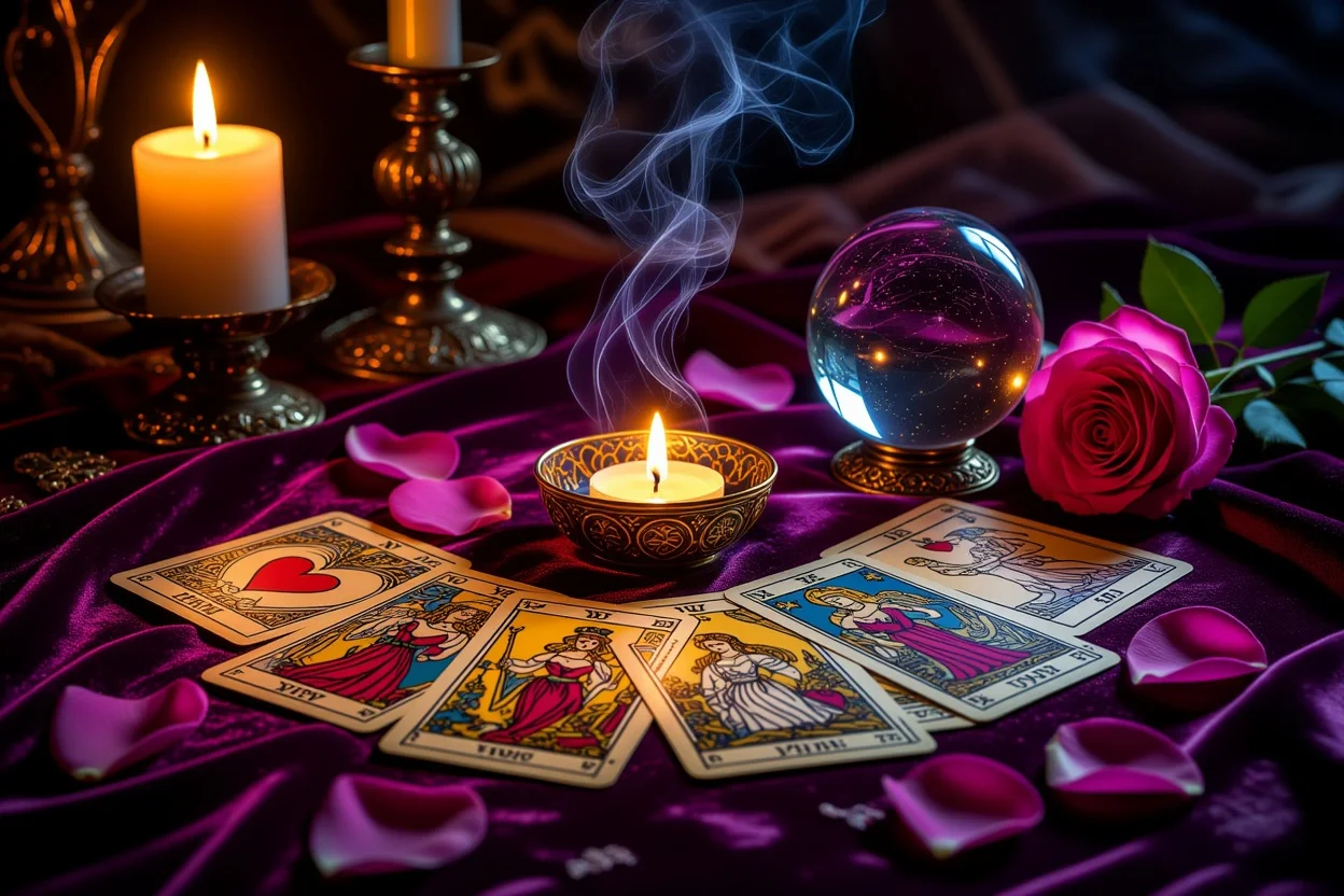 恋愛タロット占いの神秘的なカードスプレッド画像