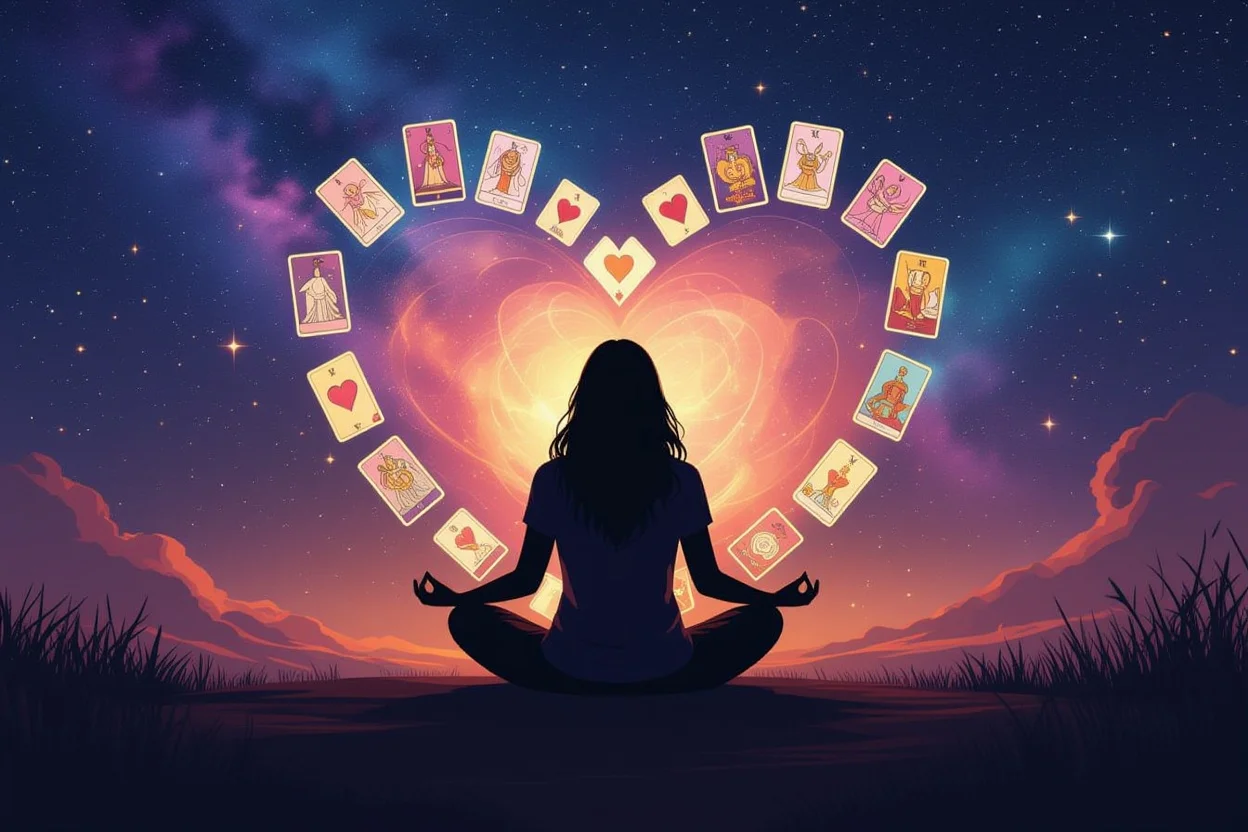 恋愛の真実を探求する瞑想とタロットのイメージ