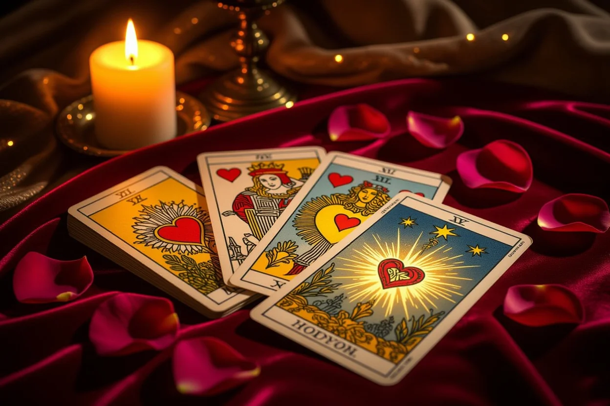 恋愛タロット占いのカードとキャンドルの神秘的な雰囲気の画像