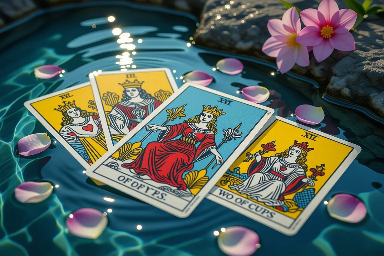 カップのクイーンを中心とした恋愛系タロットカードの美しい配置