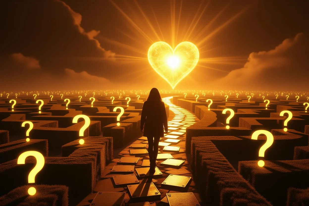 タロットカードを通じて恋の迷いから運命の愛への道筋を示すイメージ