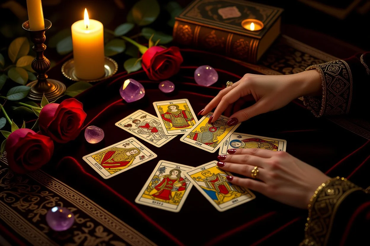 恋愛タロット占いカードを広げる神秘的なシーン、キャンドルライトに照らされたタロットカード