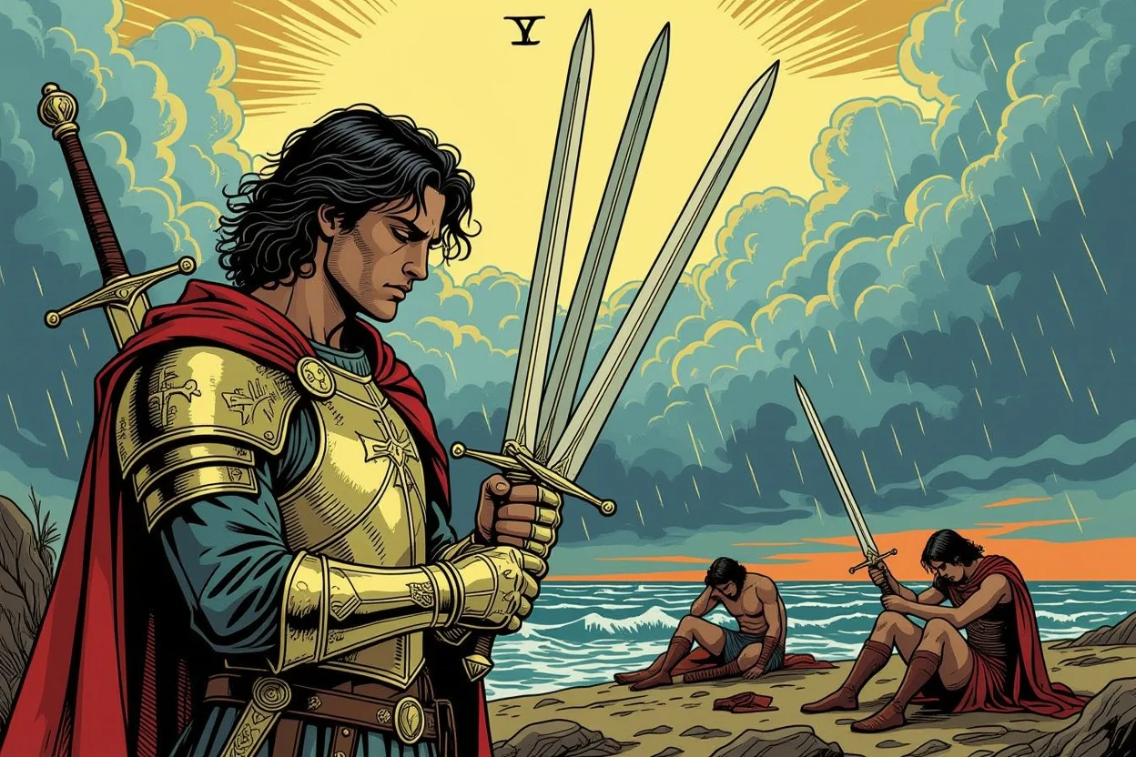 ソードの5のタロットカード、恋愛関係の葛藤と勝利の代償を象徴する神秘的なイラスト