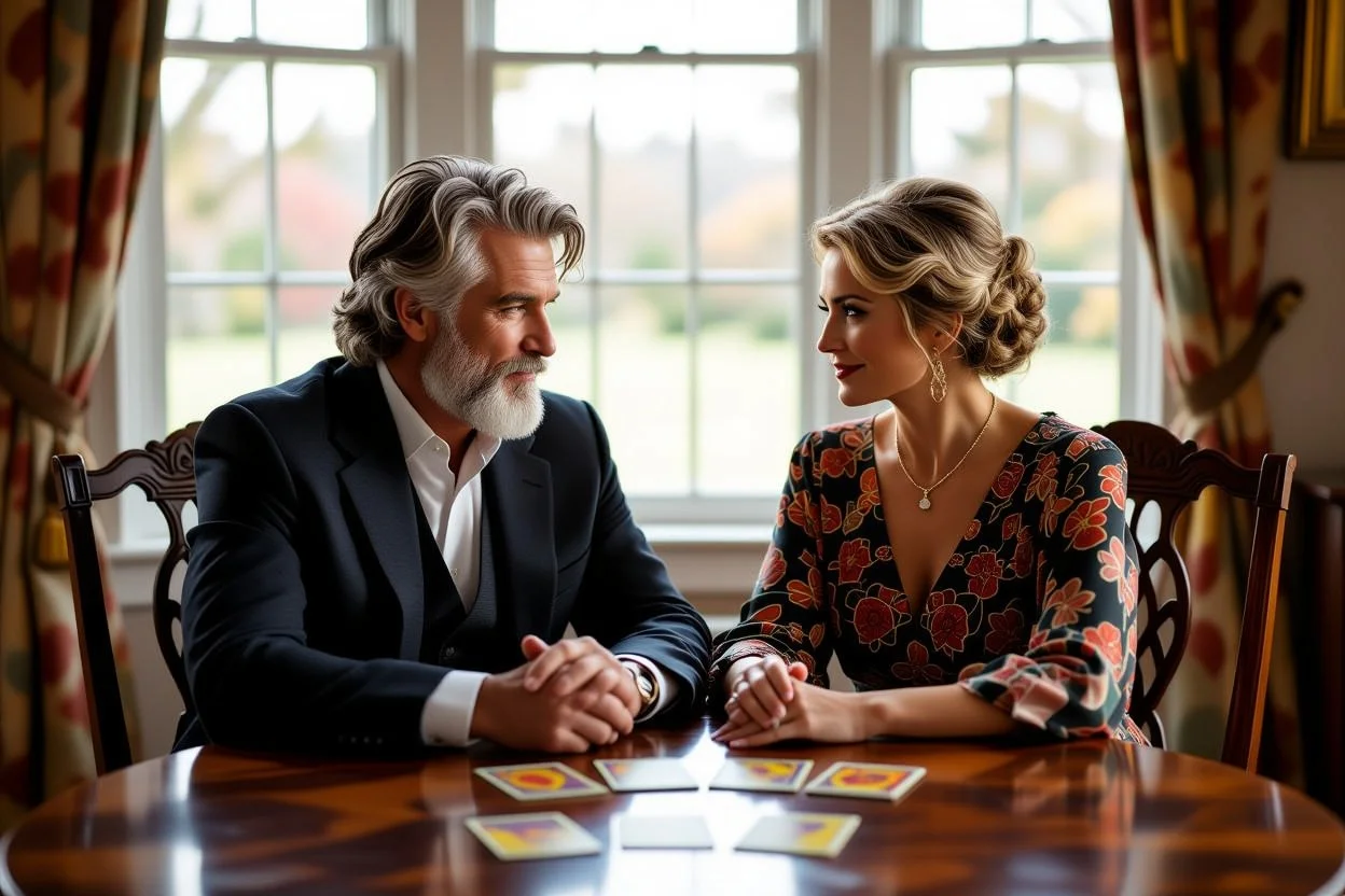 成熟した大人のカップルとタロットカード、深い関係性を表現する心理的な恋愛占いシーン