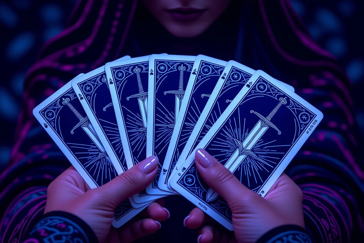 ソードスートのタロットカードを持つ手、成熟した恋愛関係の心理分析を表現する神秘的な画像