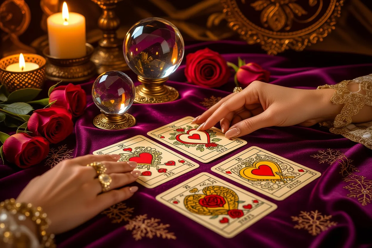 恋愛タロットカードリーディングで彼の本音を占う神秘的なシーン