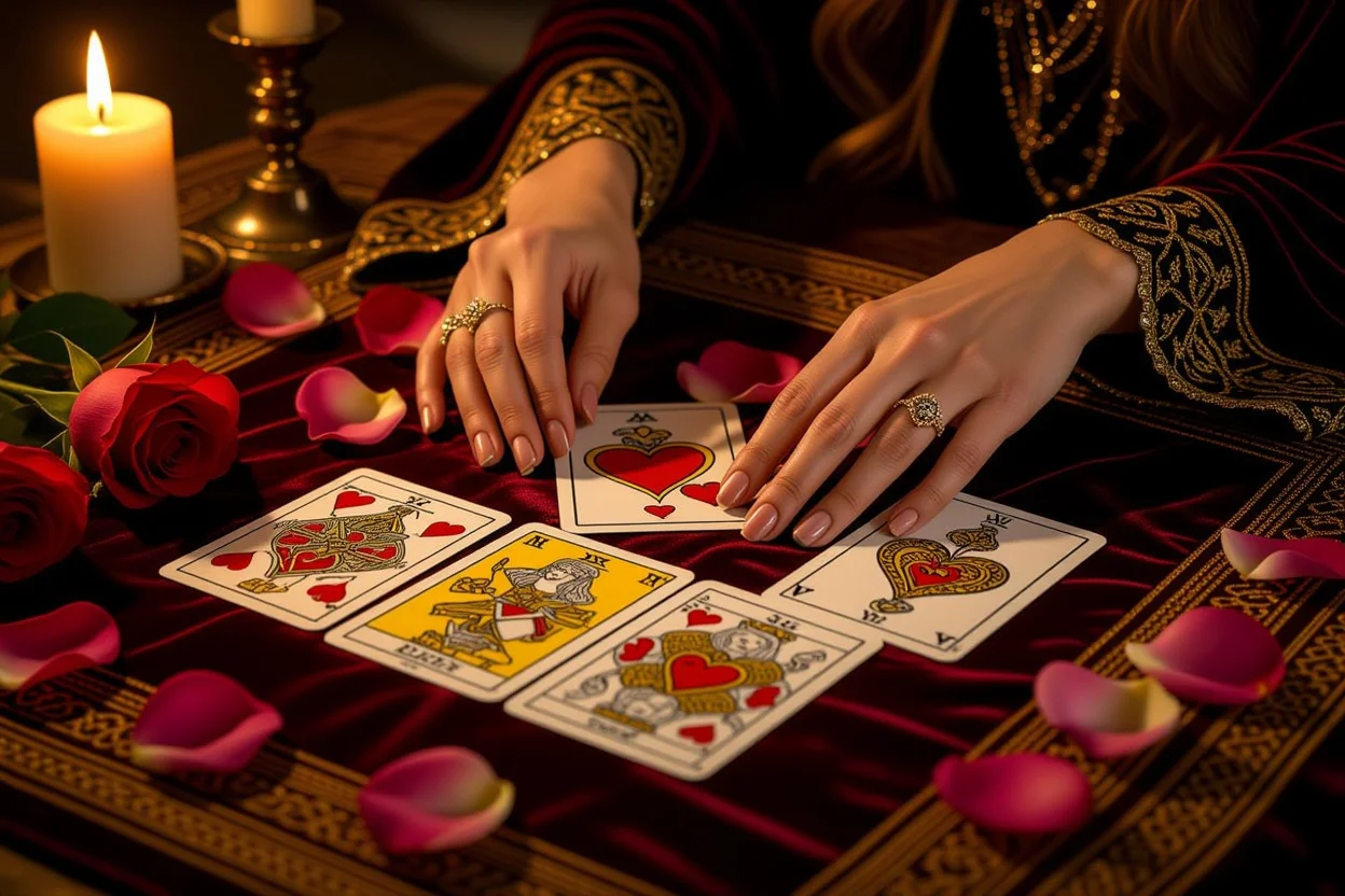 恋愛タロット占いで彼の本音を読み解く神秘的なカードリーディングシーン