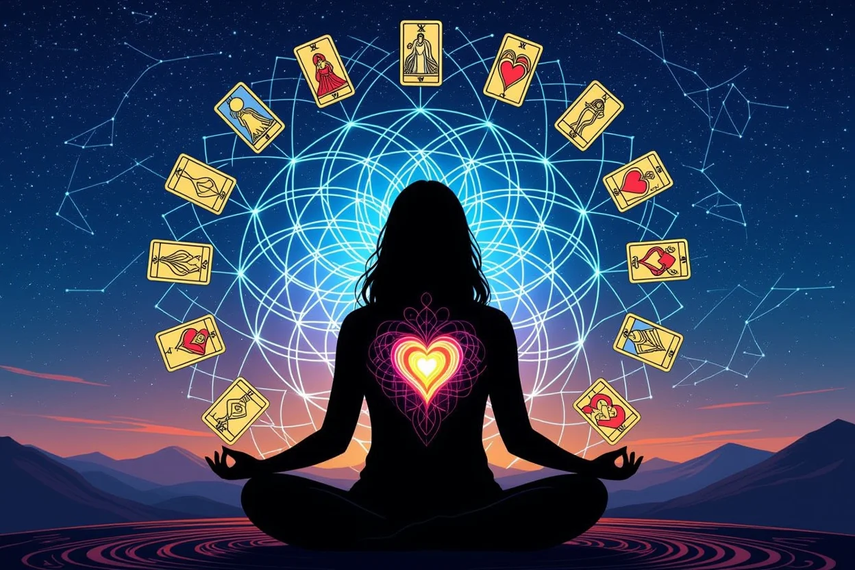 タロットを通して心の声に耳を傾け愛の真実を探求する瞑想的なシーン