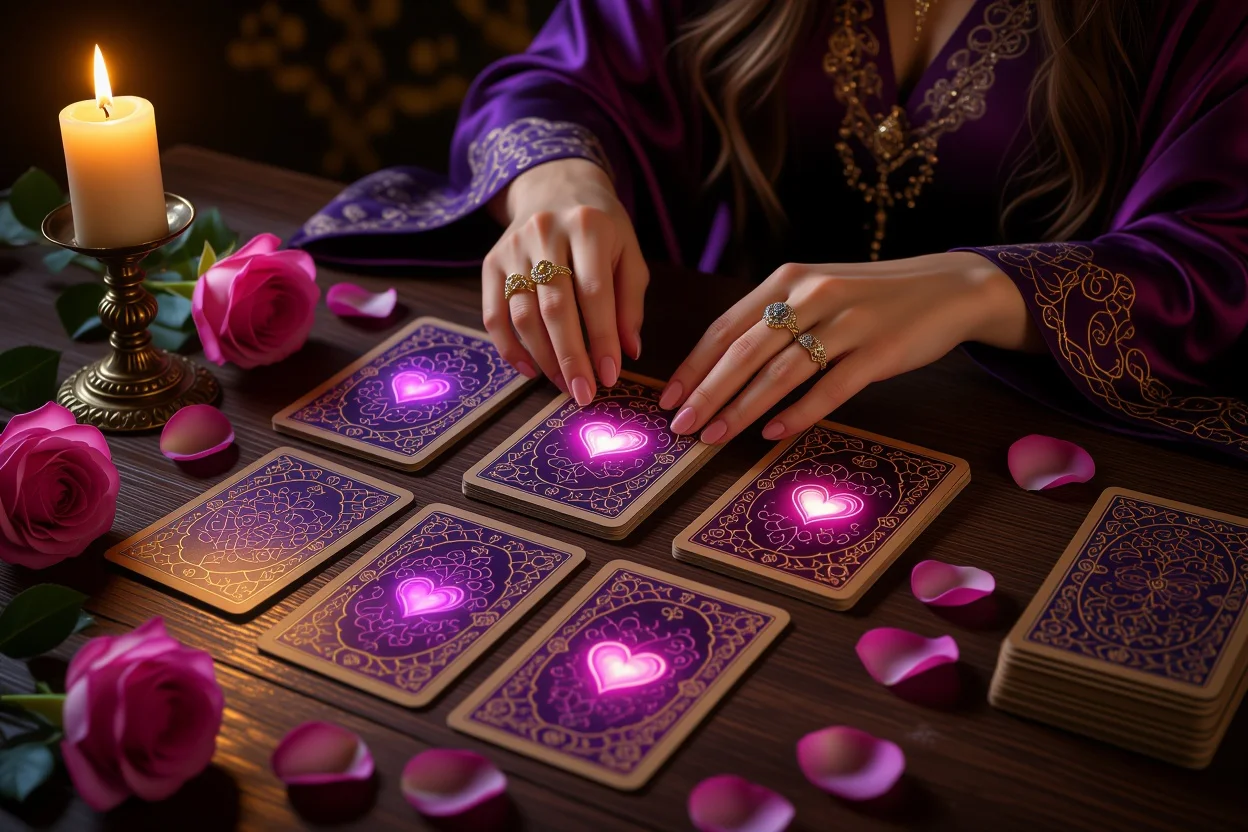 恋愛タロット占いで運命の愛を見つける神秘的なカードリーディングの様子