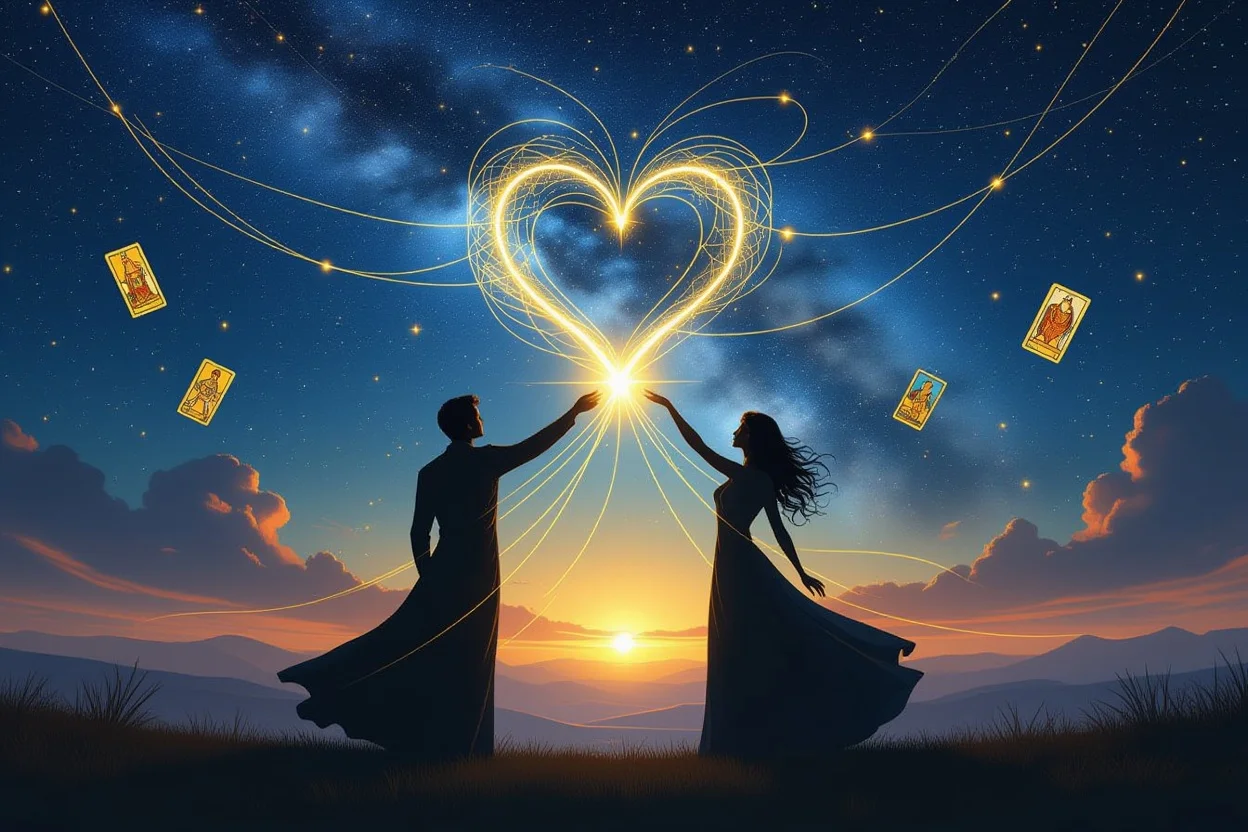 宇宙の運命に導かれる恋愛の神秘的な繋がりを表現したスピリチュアルなイメージ