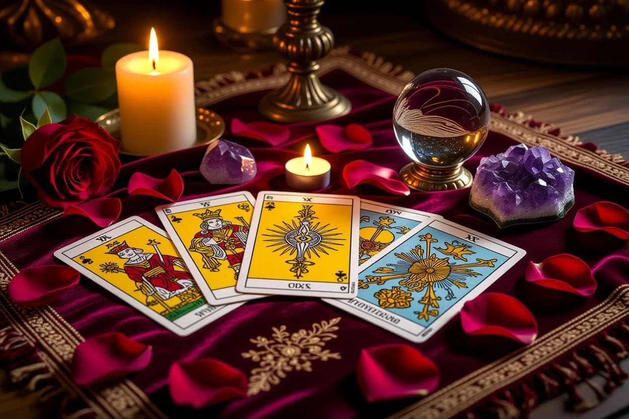 恋愛タロット占いのマイナーアルカナカード、ロマンチックなキャンドルライトの中で美しく配置された四つのスート