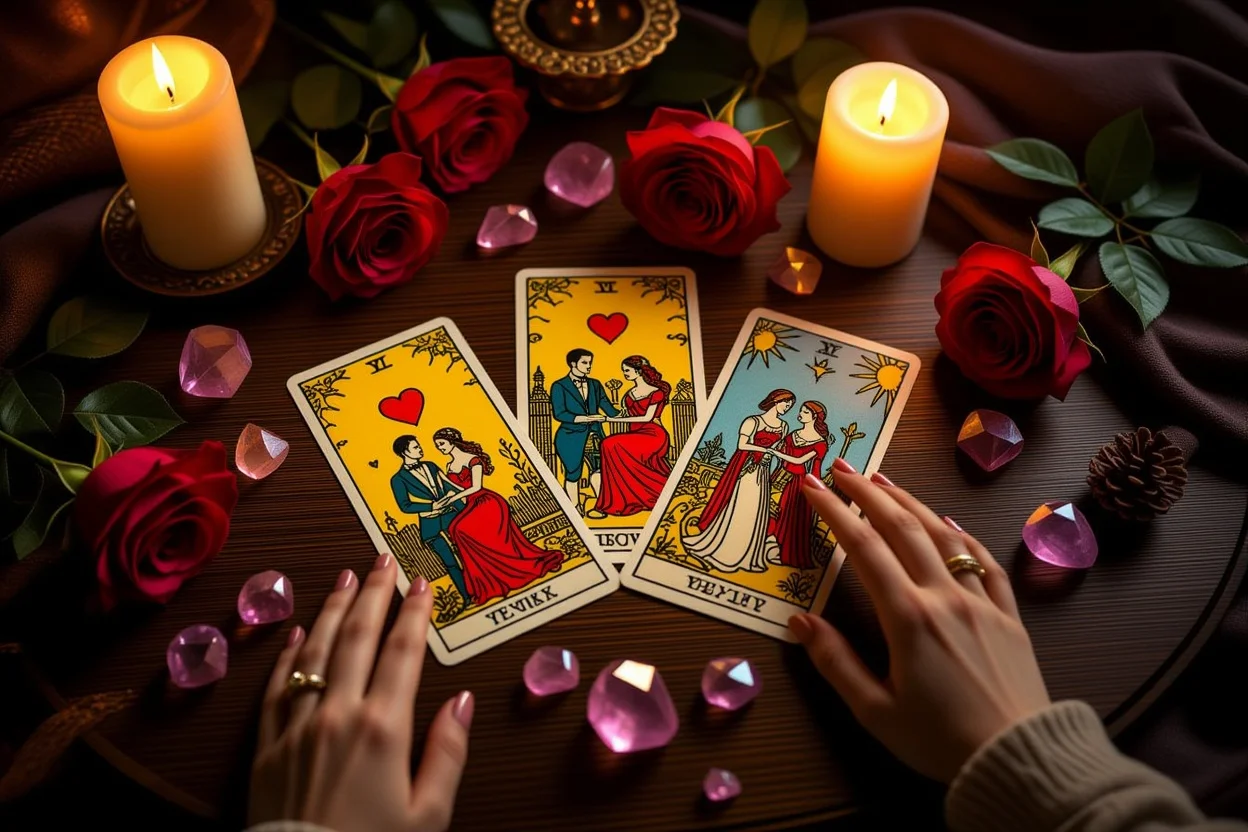 恋愛タロットカードスプレッドで彼の本音を占う神秘的なシーン
