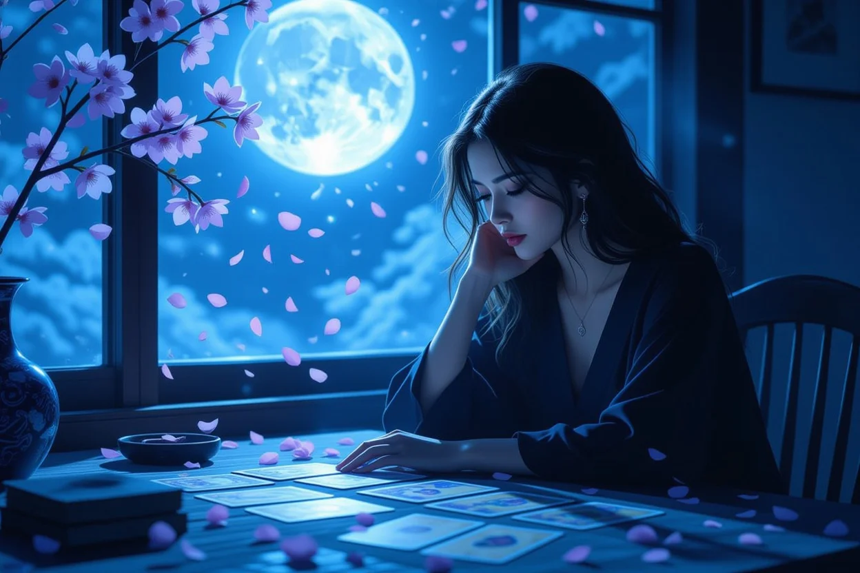 タロットカードで恋愛の未来と相性を読み解く女性の神秘的なシルエット