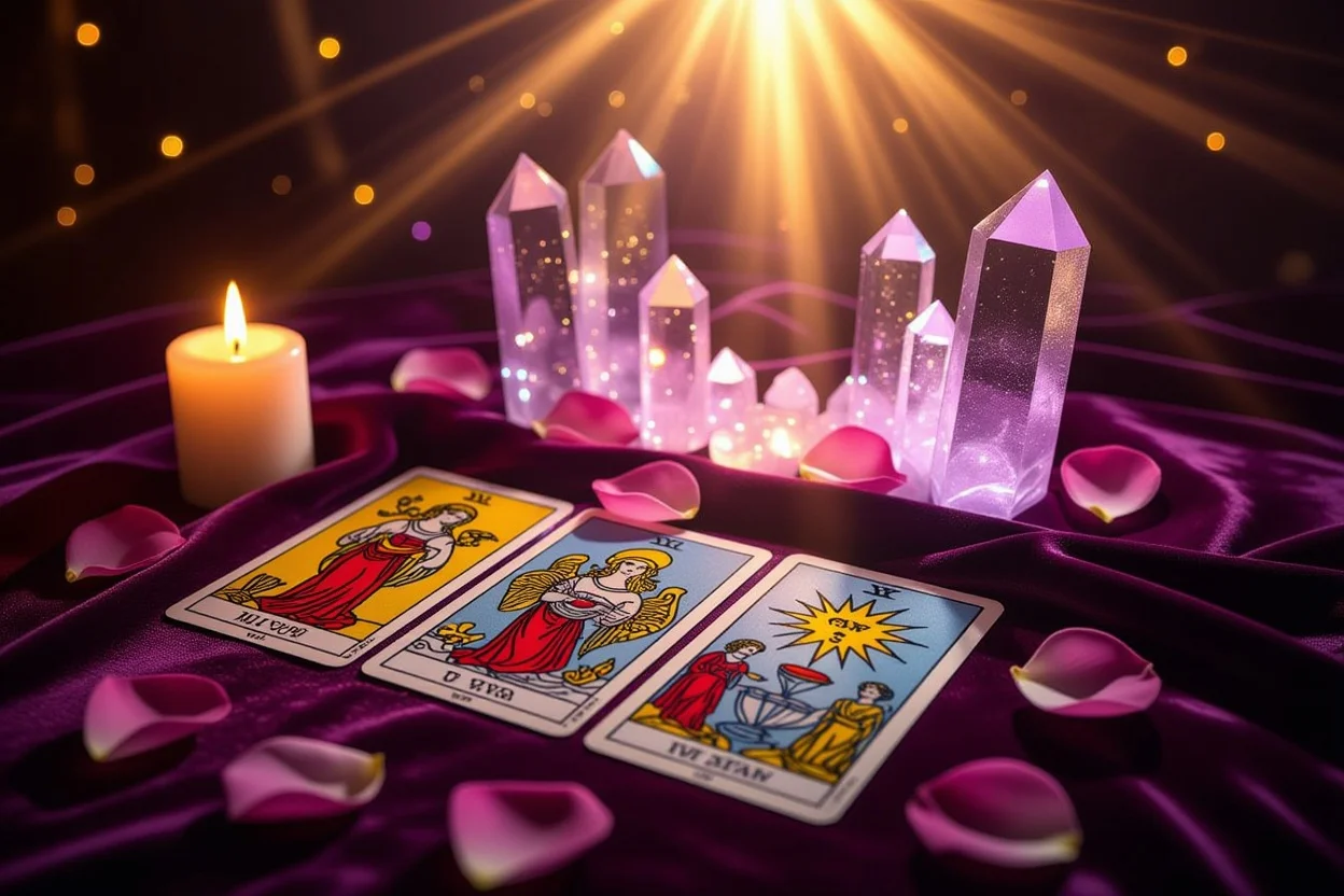 恋愛タロットカードと神秘的な光に包まれた関係の壁を越えるイメージ