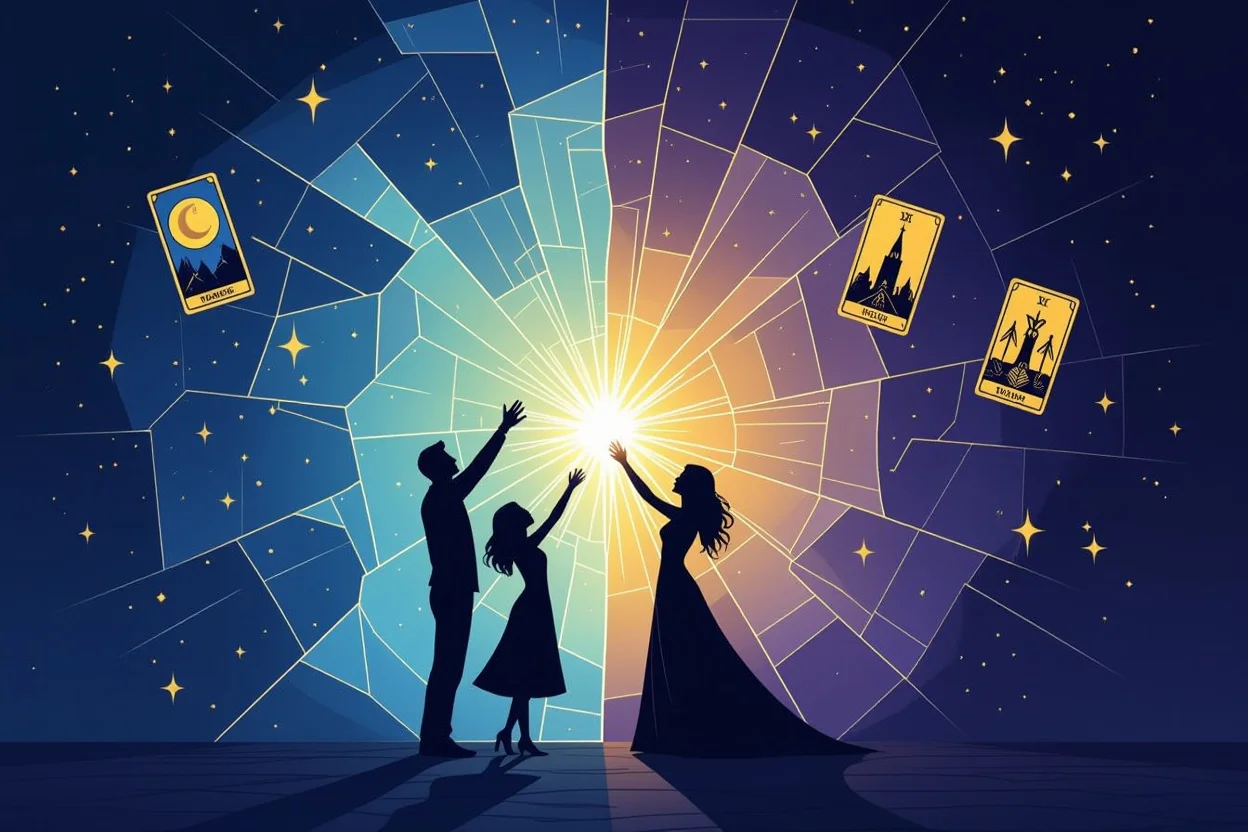 恋愛関係における心理的な壁と深層心理を表現した神秘的なイラスト