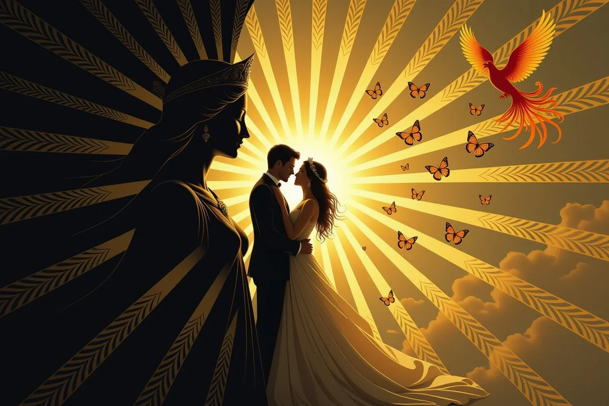 恋愛関係の変革と成長を表現したタロットと光の神秘的なアート