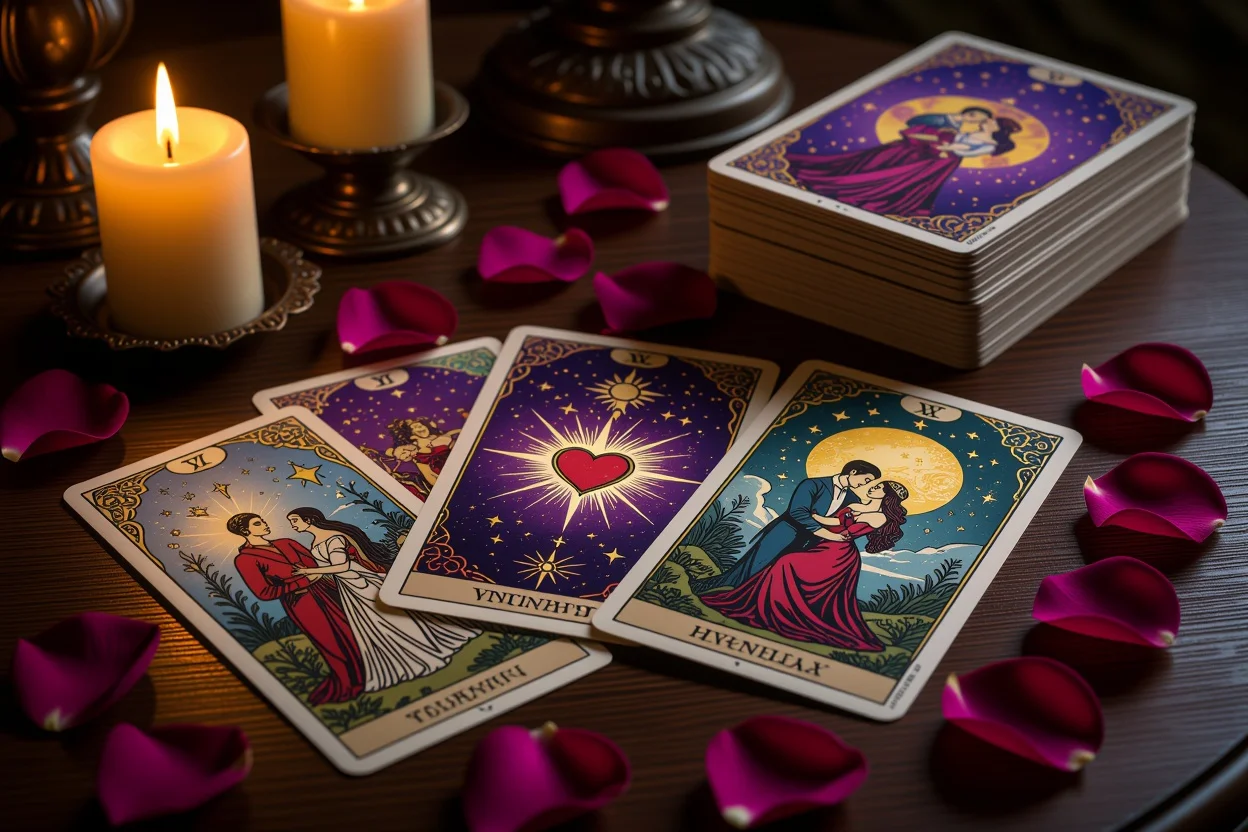 恋愛タロットカード占いのロマンチックなスプレッド、キャンドルの光で照らされた神秘的な雰囲気