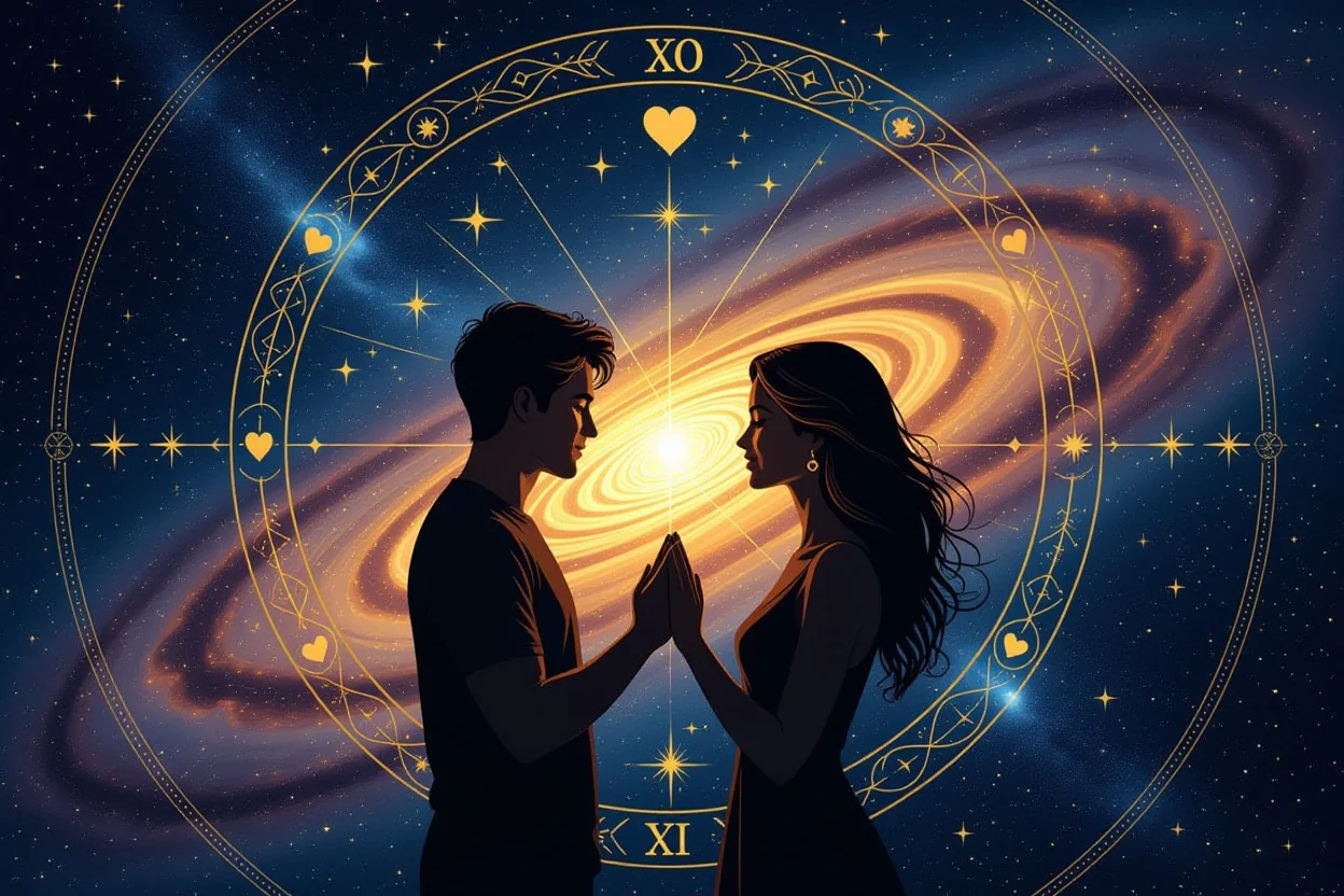 運命の相手との魂の繋がりを表現した宇宙的なタロットイメージ、二人の間に流れるエネルギー