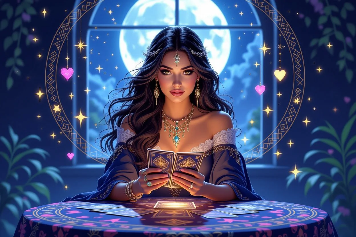 恋愛相談をする神秘的なタロット占い師、月光に照らされた幻想的な占いの場面