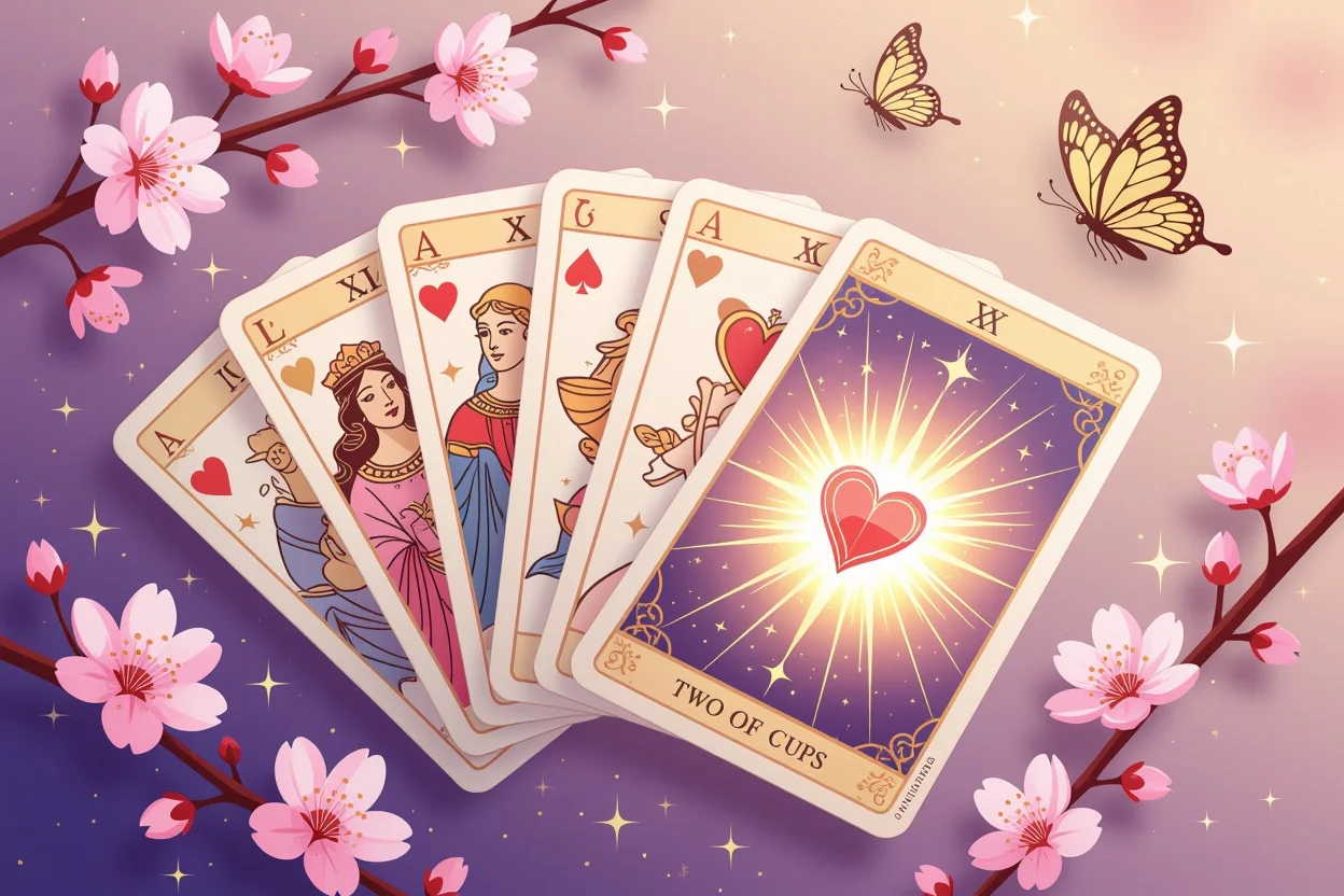 恋愛運と相性を占うタロットカードの美しいアレンジメント、桜の花びらと金色の蝶に囲まれた運命のカード