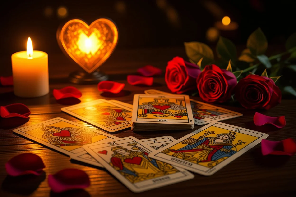 逆位置の恋愛タロットカードとキャンドルライトの神秘的な占いシーン