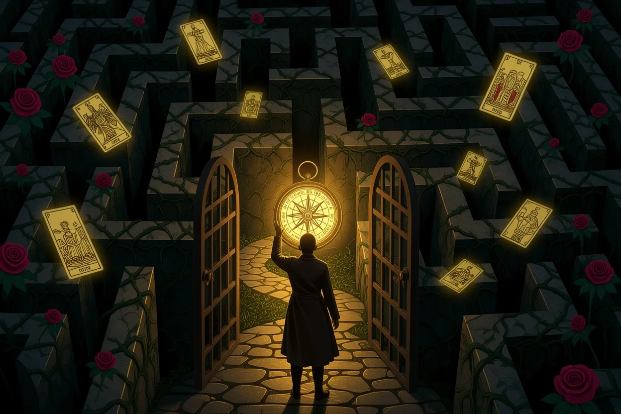 恋愛の迷路を照らす愛の羅針盤を持つ人物のファンタジックなイラスト