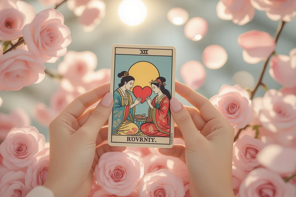 逆位置の恋愛タロットカードを持つ手と薔薇の花びらの美しい構図