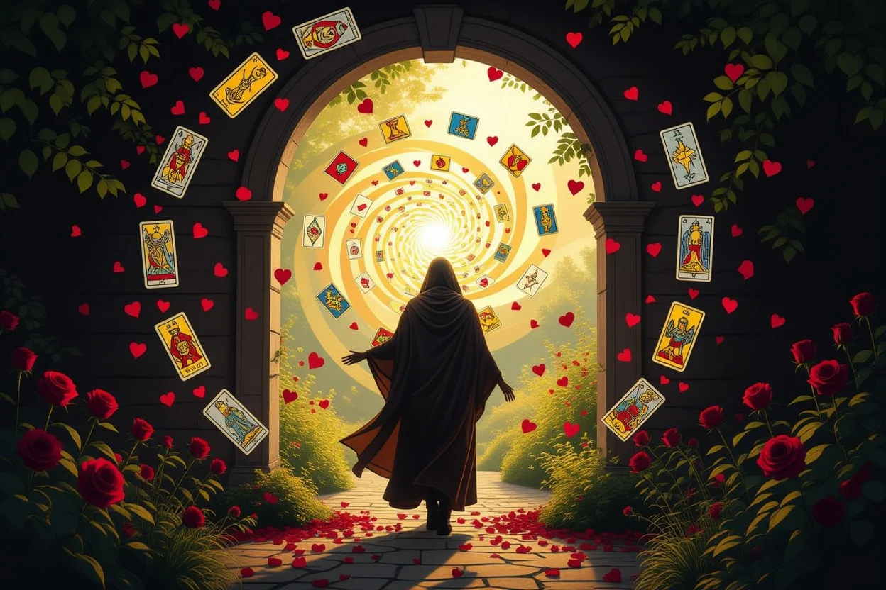 タロットの導きにより恋愛の困難を乗り越え光に向かう変容のシーン