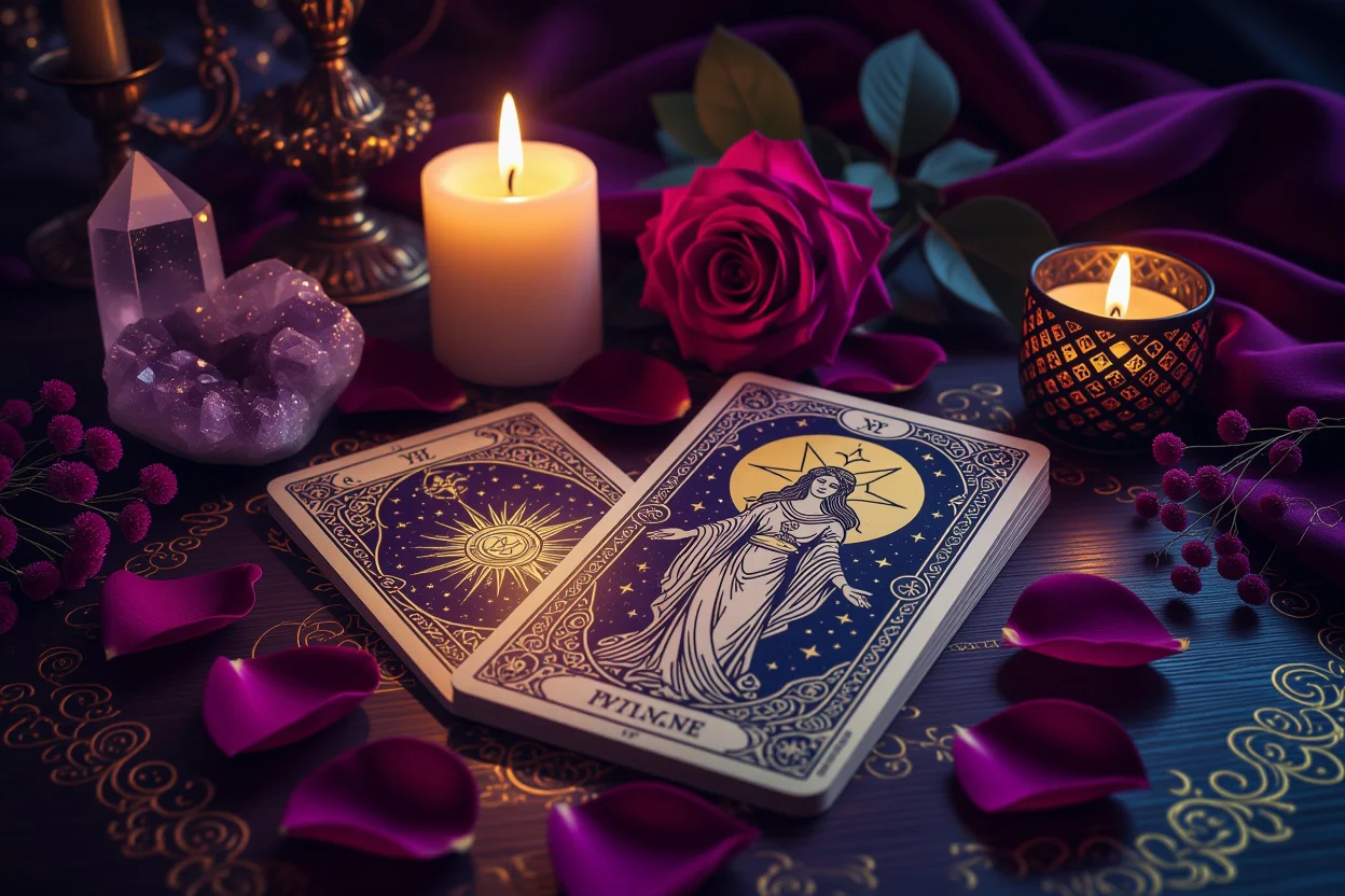 恋愛タロットカードと薔薇の花びらが散らばる神秘的なテーブル