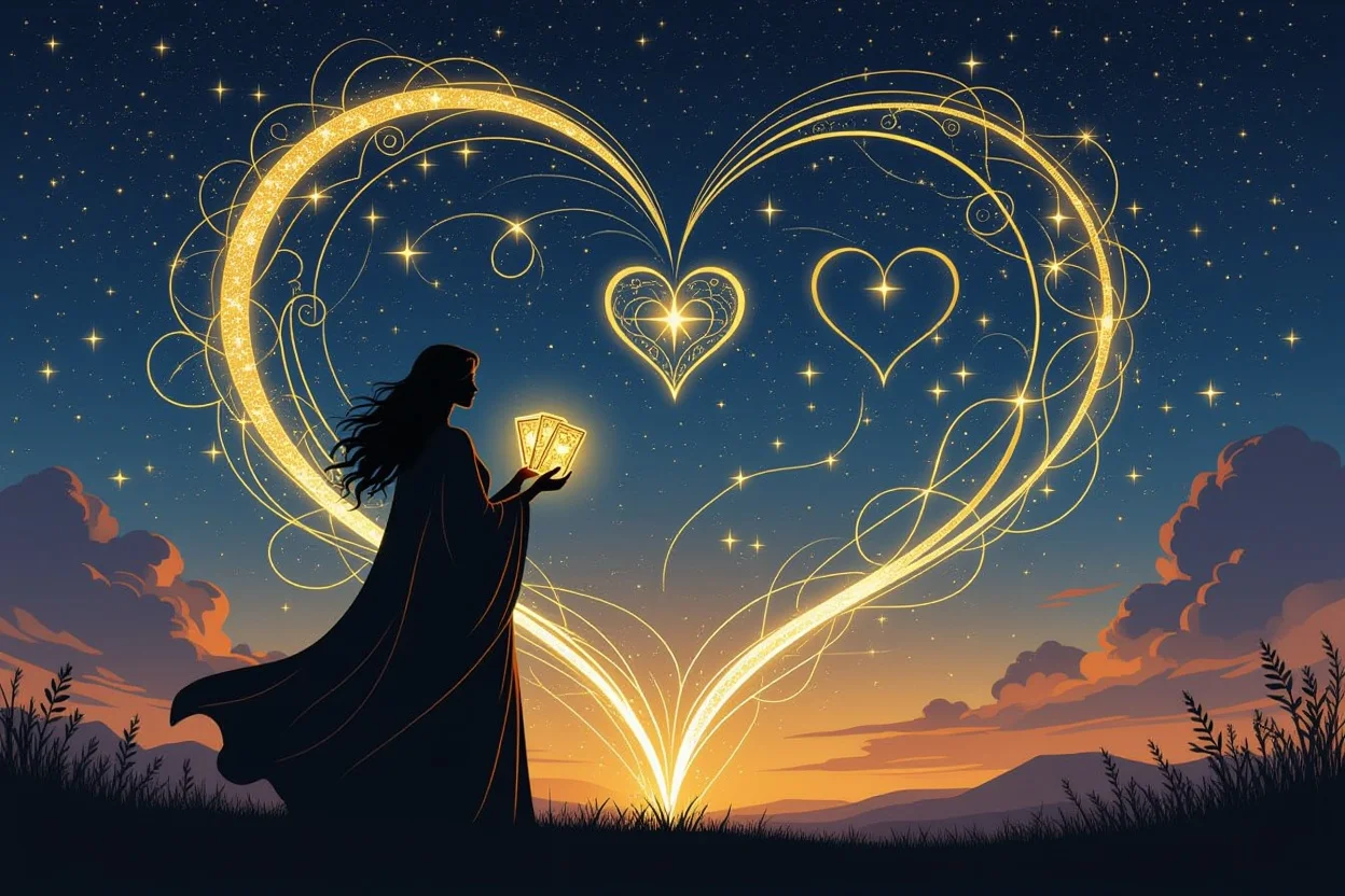 星空の下でタロットカードを持つ女性のシルエットと宇宙エネルギー