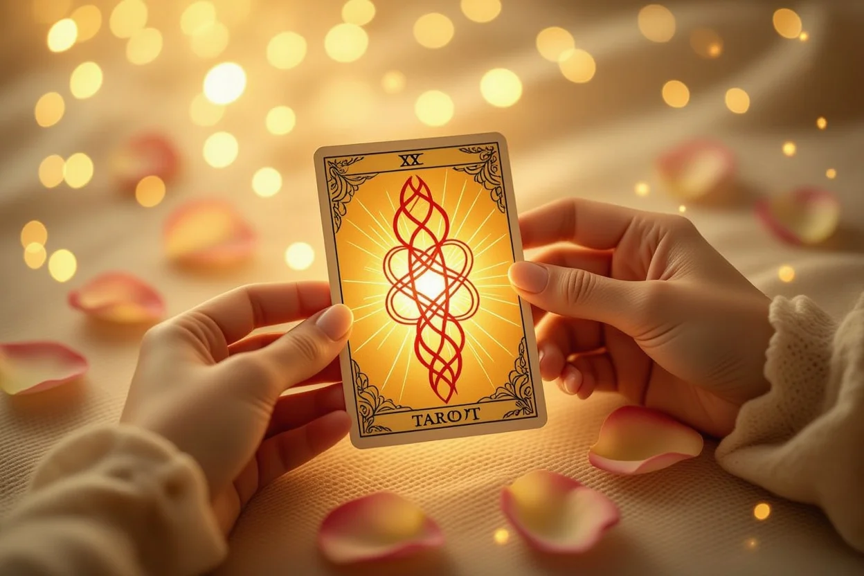 運命の赤い糸が描かれた光るタロットカードを持つ手と幻想的な光