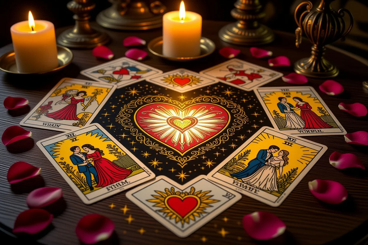 恋愛タロット占いのカードスプレッド、ロマンチックな雰囲気の中でハート型に配置されたタロットカード