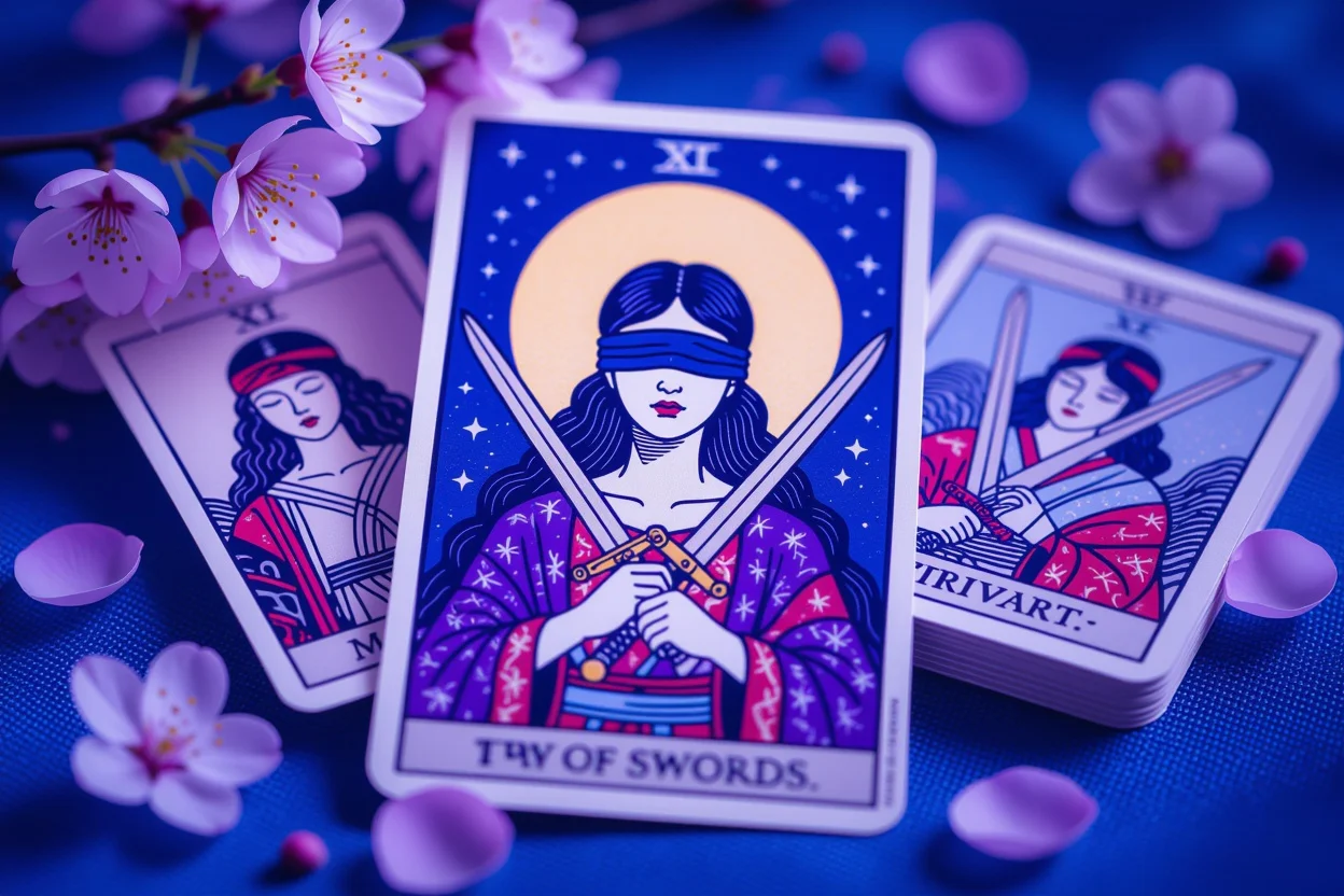 ソードの2のタロットカード、恋愛占いにおける決断と選択を象徴する神秘的なイメージ