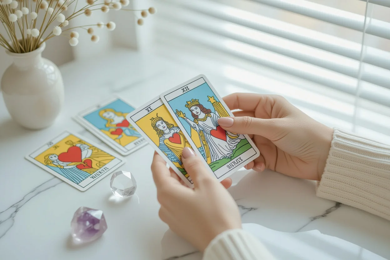 恋愛相談でタロットカードを手に取る様子、恋愛運向上のための戦略的アプローチ