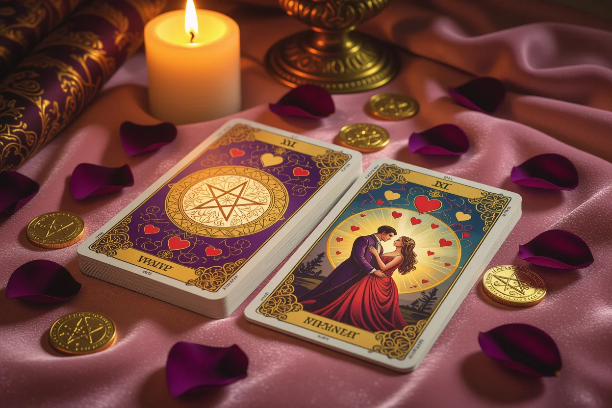 恋愛タロットカードと薔薇の花びらが美しく配置された神秘的な占いの風景