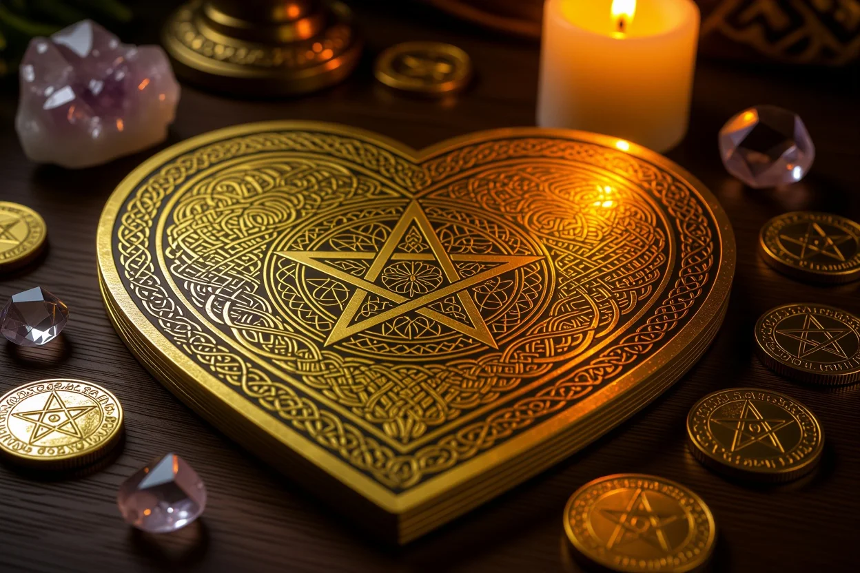 安定した愛を象徴する金色のペンタクルタロットカードとクリスタル