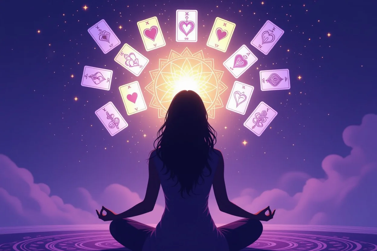 心理学的アプローチによるタロット占いの深層心理を表現した瞑想する女性のシルエット